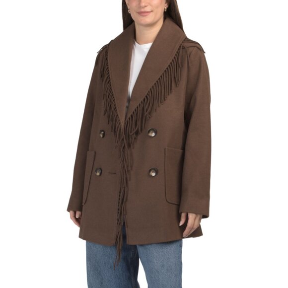 SAM EDELMAN Chocolate Faux Wool Fringe Coat - Picture 1 of 2